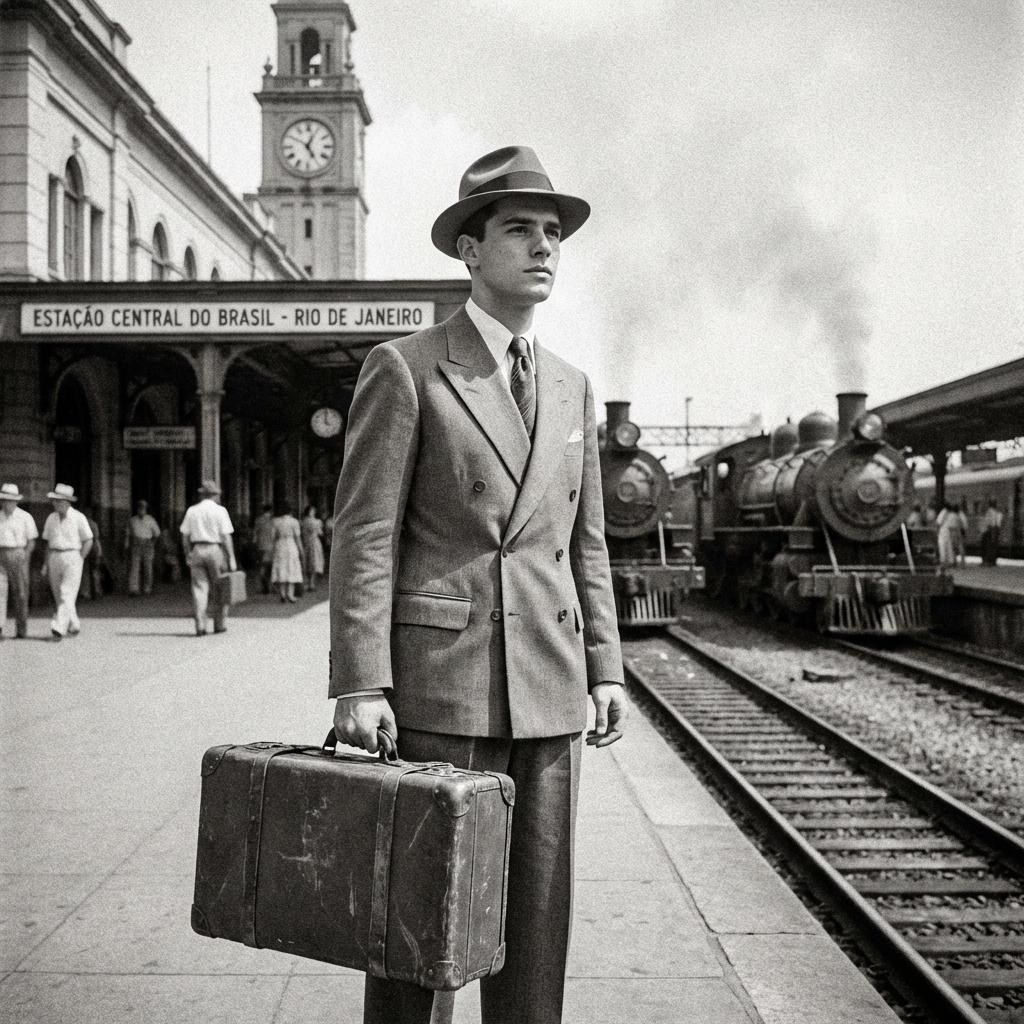 Hombre joven en estación de tren de Brasil, 1950